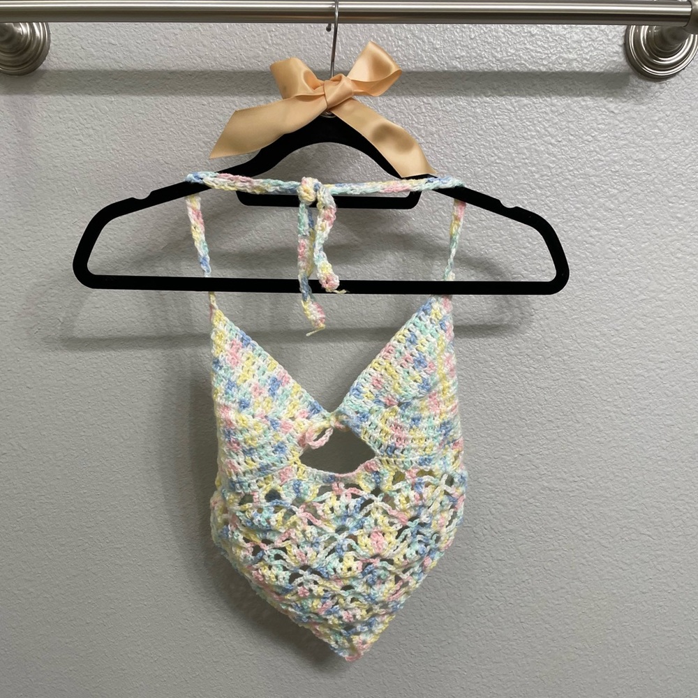 Handmade multicolored crochet cropped halter top